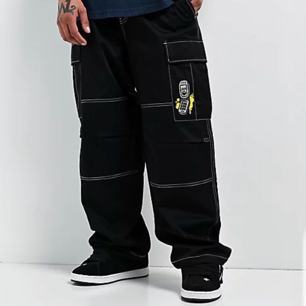 Empyre Easy Now Black Cargo Canvas Embellished Cellphone Ultra Loose Skate Pants
